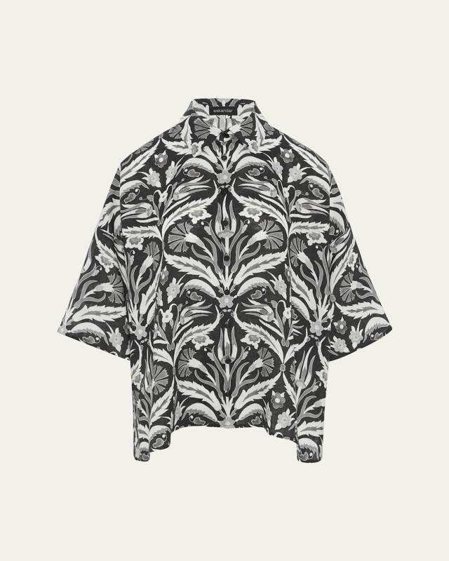 Sloped-Shoulder Wide A-Line Short-Sleeve Shirt With Collar (Mid Plus Length)